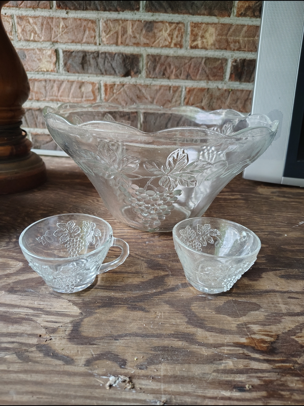 Vintage Clear Glass Grape Pattern Serving Bowl and Cups - Punch Bowl